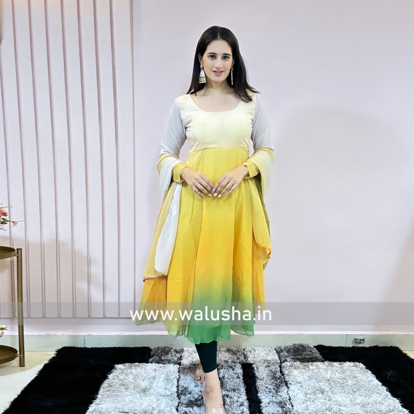 Yellow And White Shaded Printed Georgette Designer Kurti Set