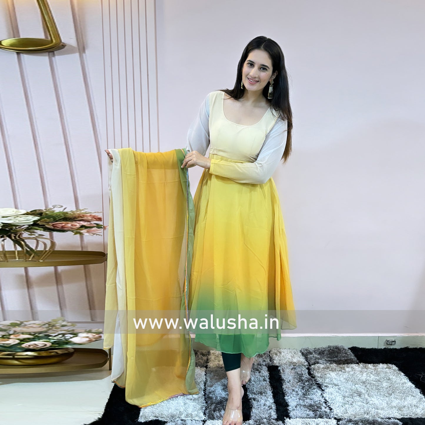 Yellow And White Shaded Printed Georgette Designer Kurti Set