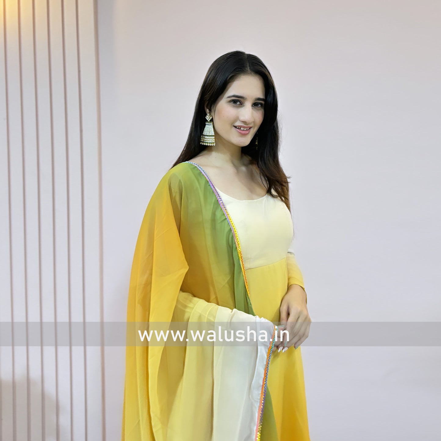 Yellow And White Shaded Printed Georgette Designer Kurti Set
