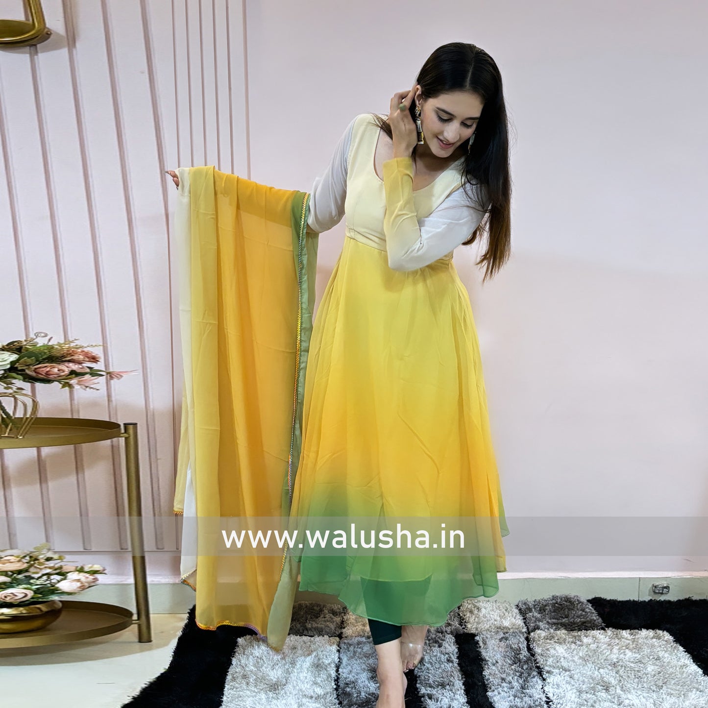 Yellow And White Shaded Printed Georgette Designer Kurti Set