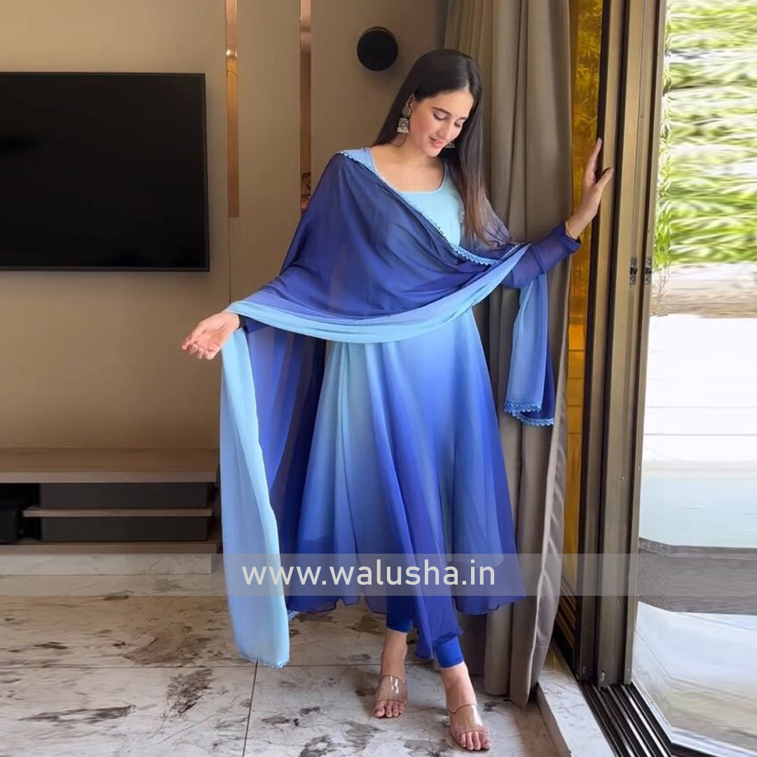 Blue Multi Color Shaded Printed Designer Kurti With Dupatta