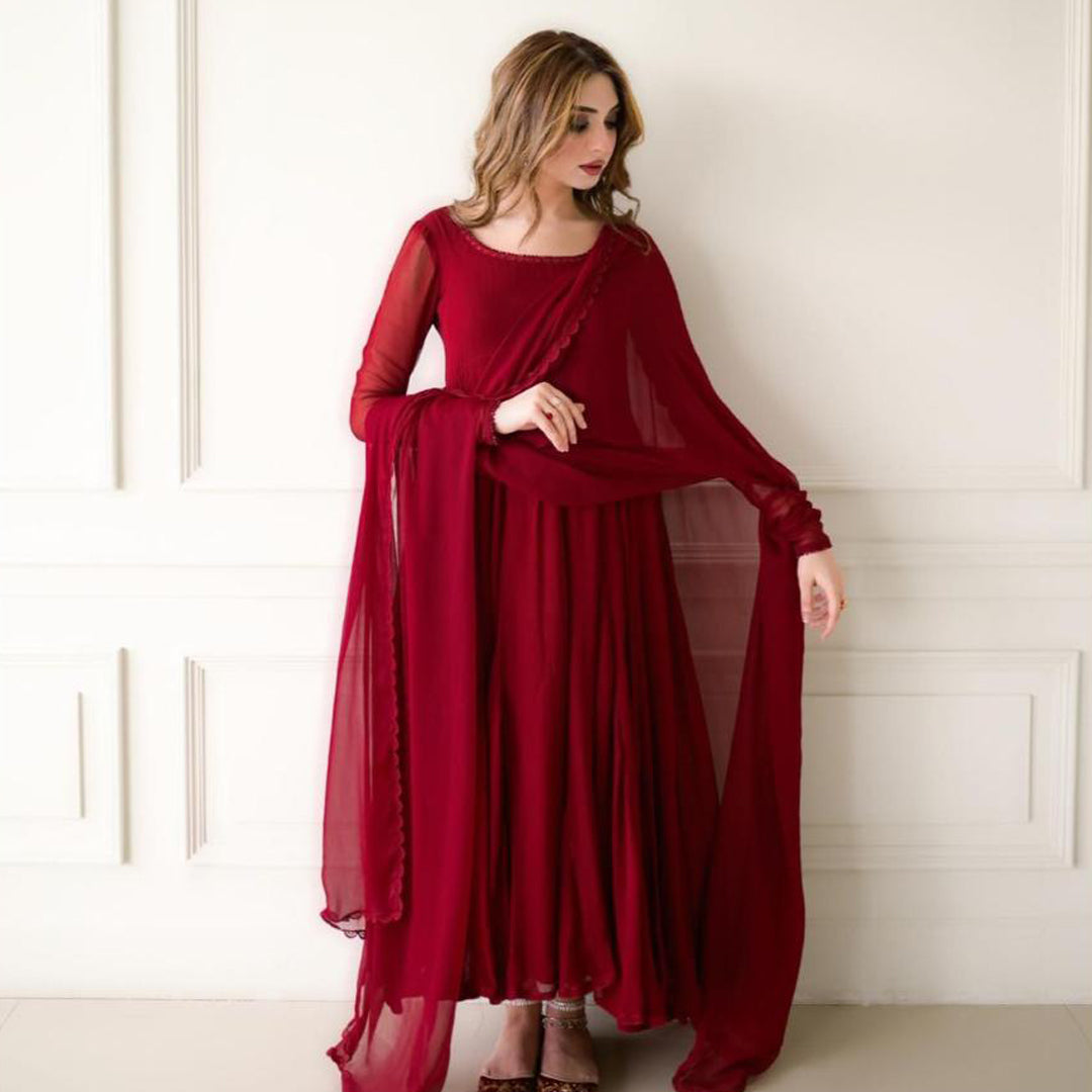 New Maroon Plain Designer Long Kurti With Dupatta Set