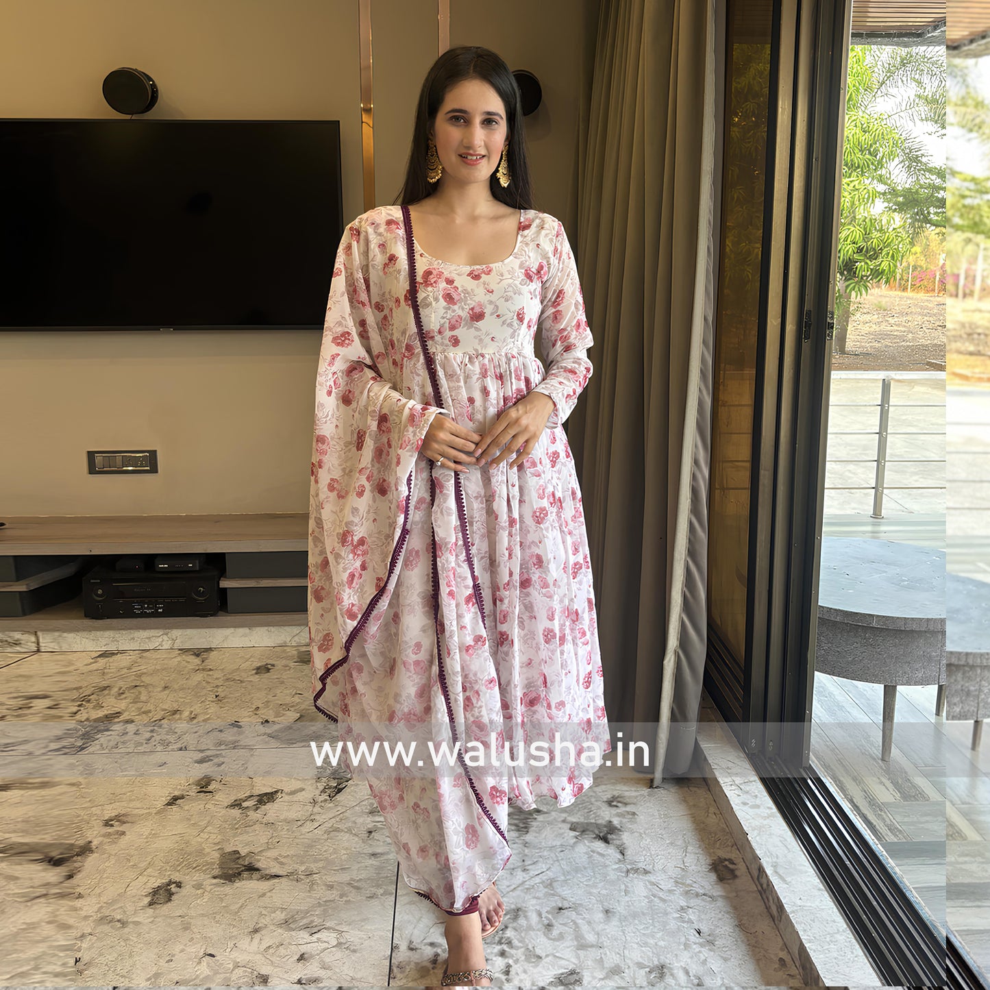 New White And Pink Floral Printed Designer Kurti Set