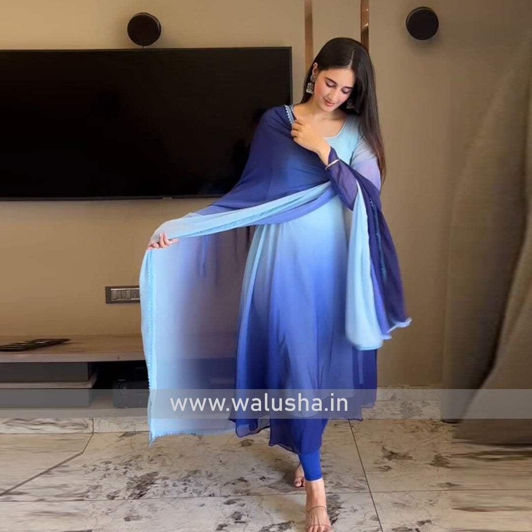 Blue Multi Color Shaded Printed Designer Kurti With Dupatta