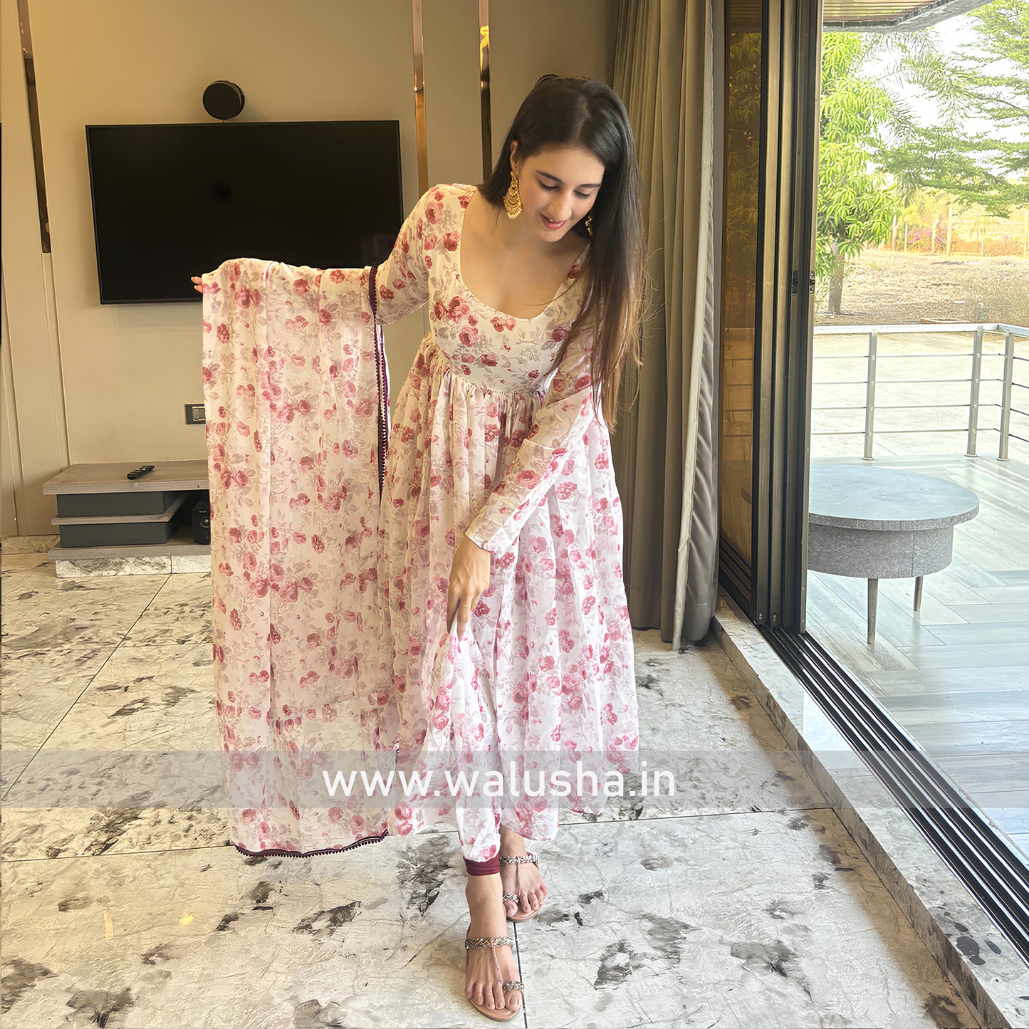 New White And Pink Floral Printed Designer Kurti Set