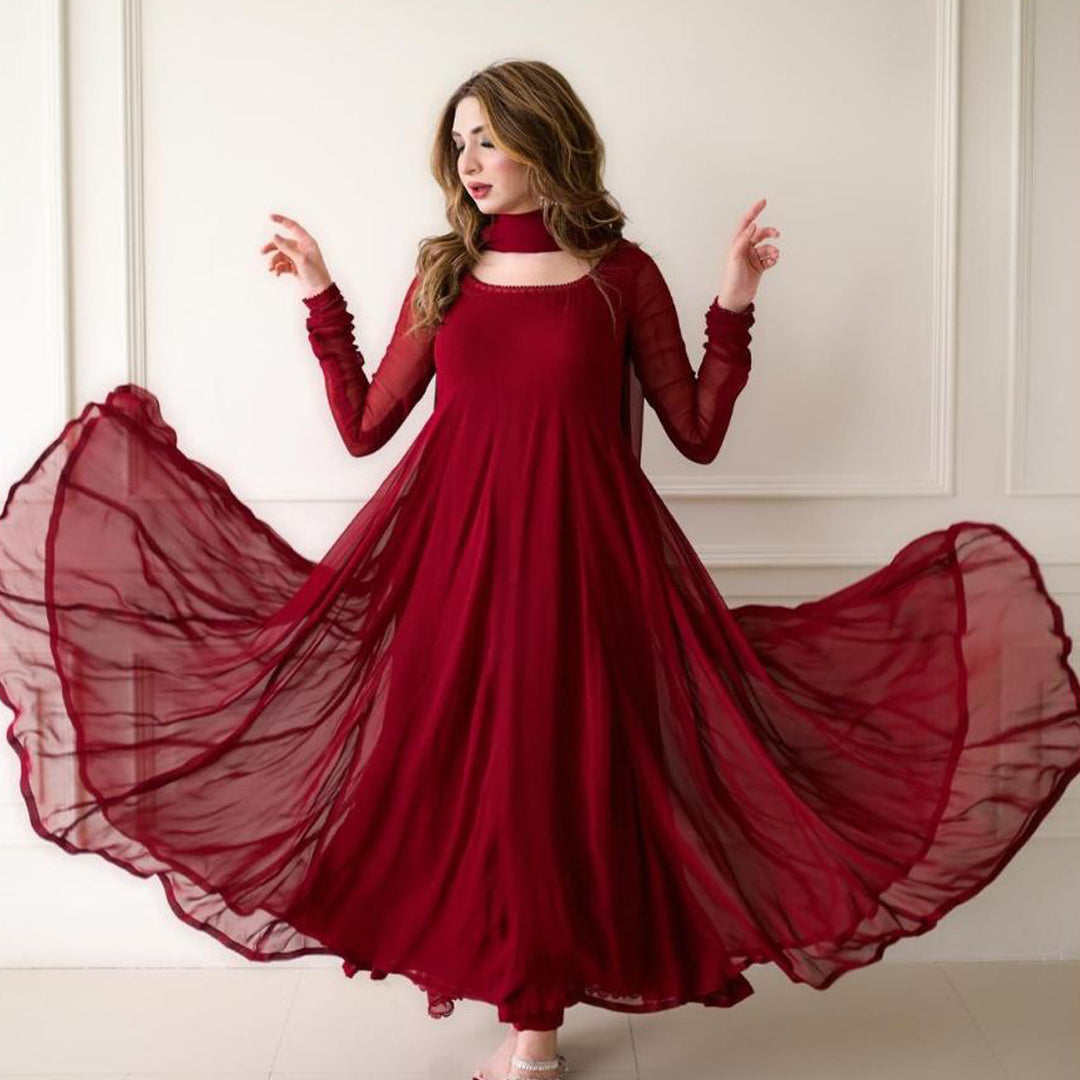 New Maroon Plain Designer Long Kurti With Dupatta Set