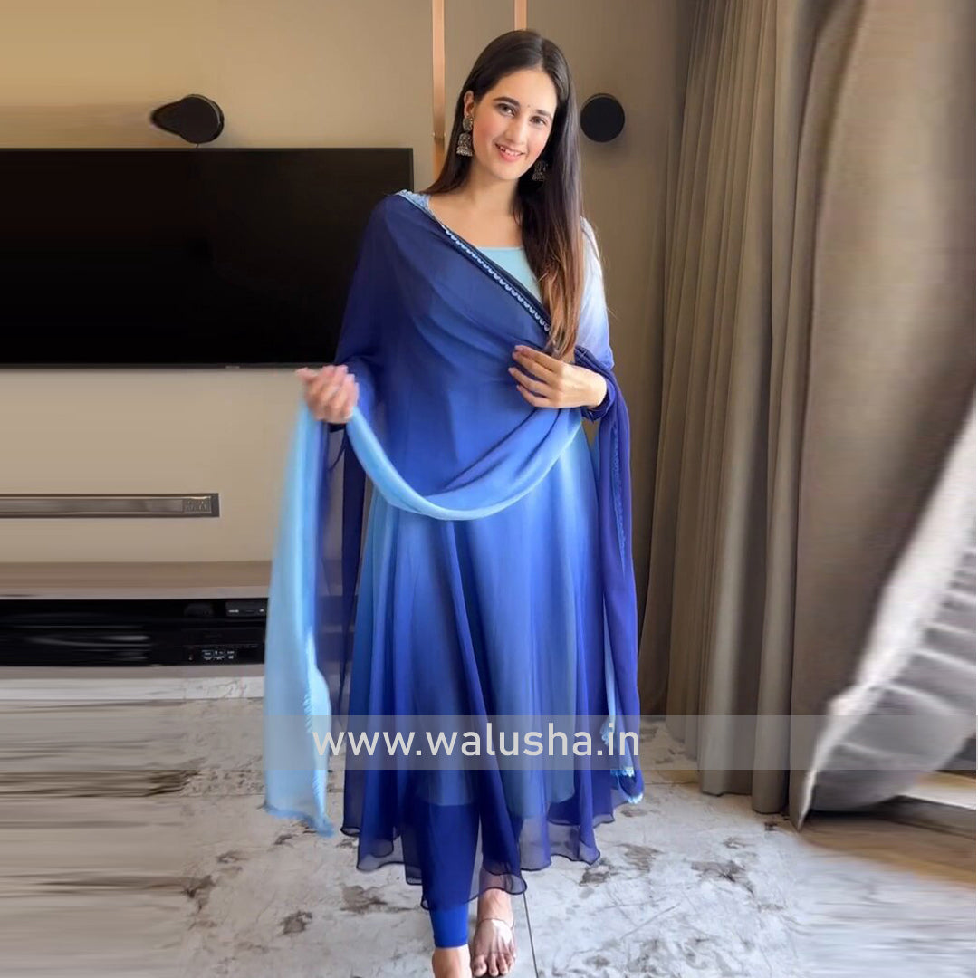 Blue Multi Color Shaded Printed Designer Kurti With Dupatta