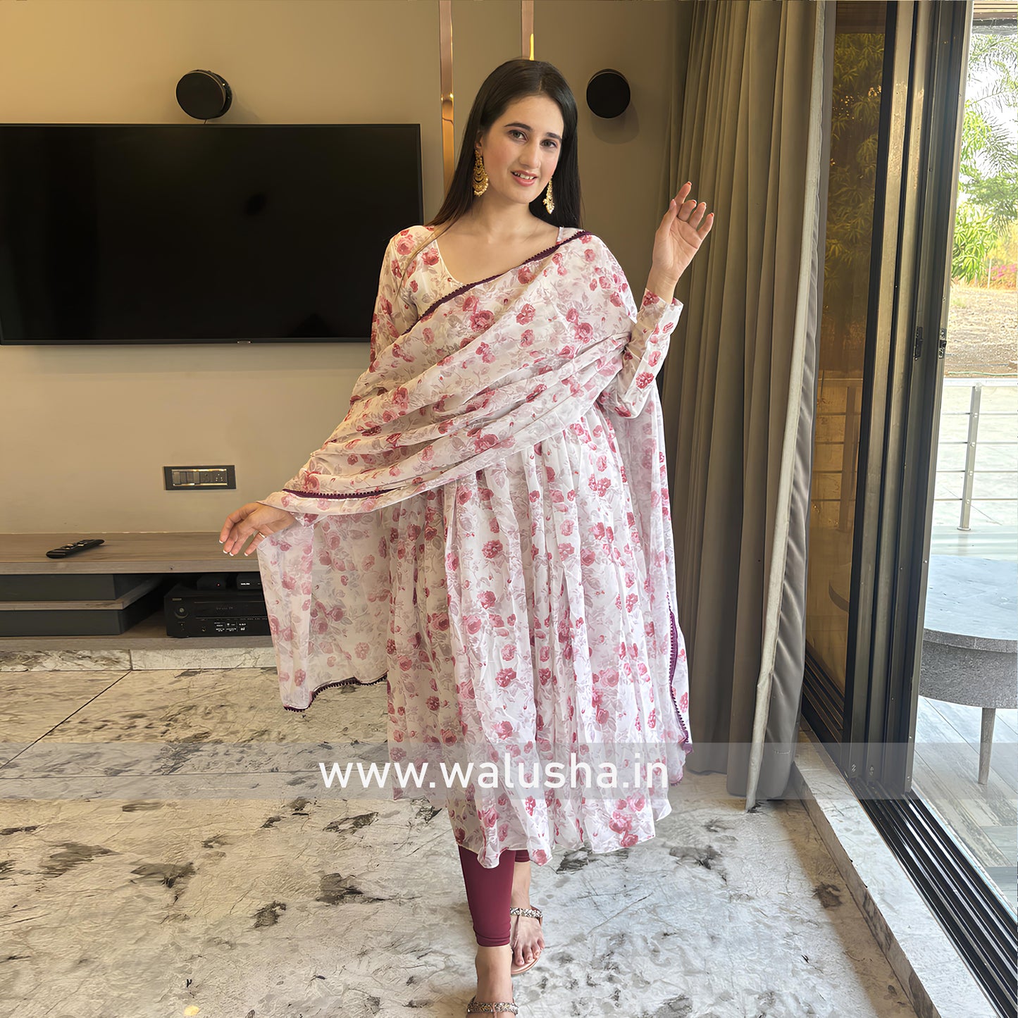 New White And Pink Floral Printed Designer Kurti Set