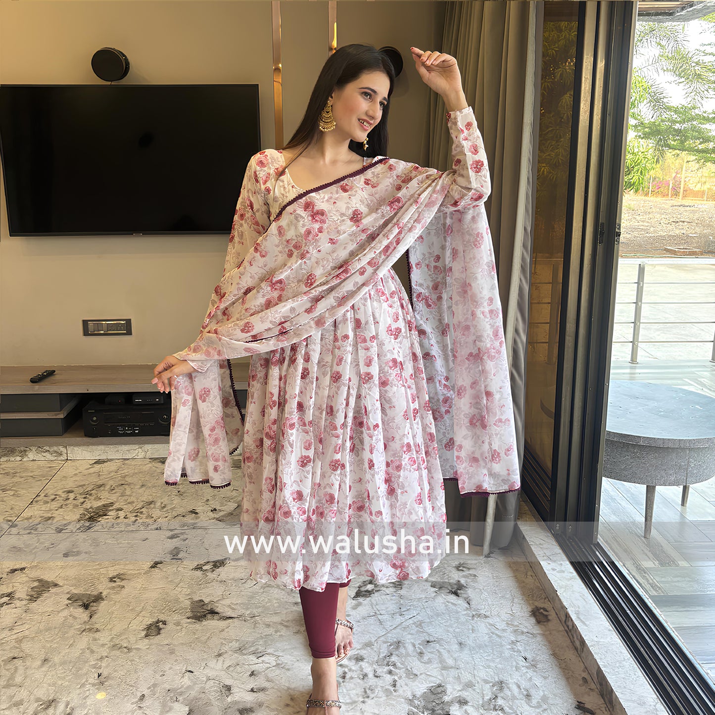 New White And Pink Floral Printed Designer Kurti Set