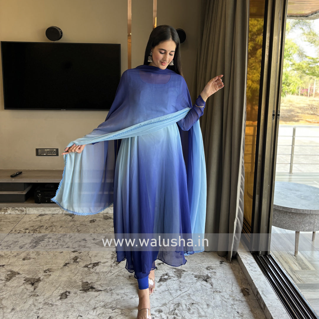 Blue Multi Color Shaded Printed Designer Kurti With Dupatta