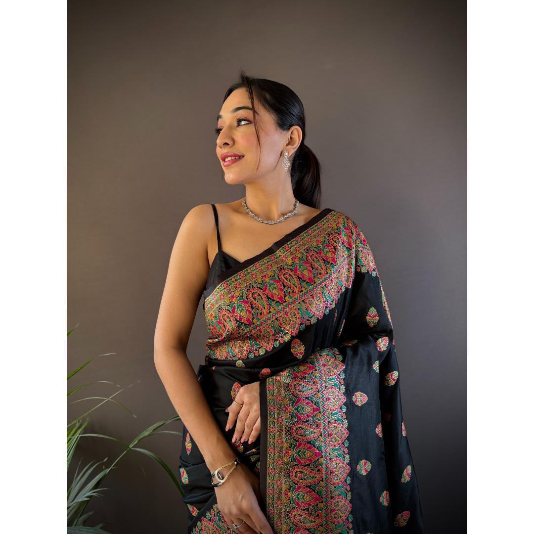 Onyx Black Pure Kashmiri Pattern Pallu Woven Silk Saree