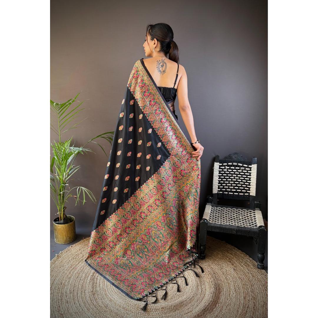 Onyx Black Pure Kashmiri Pattern Pallu Woven Silk Saree