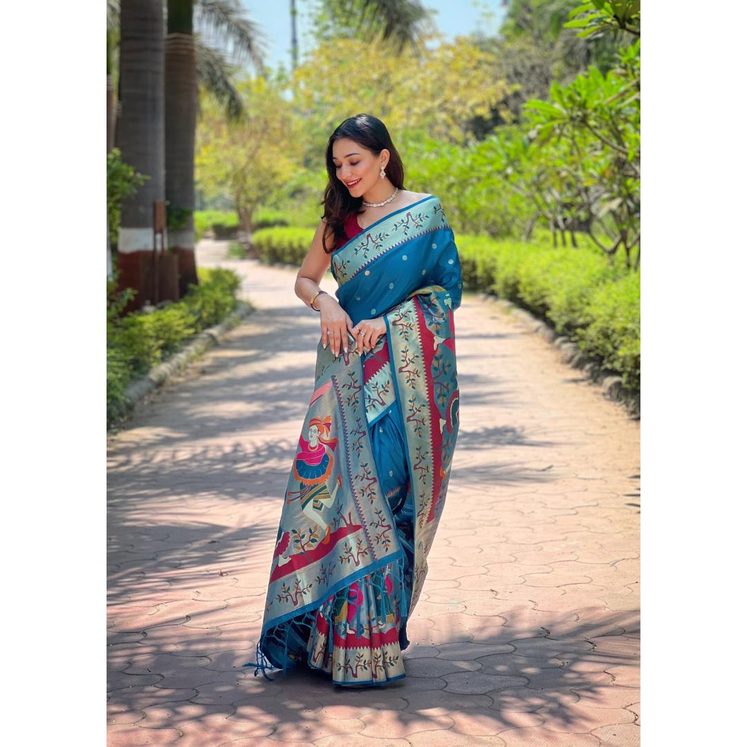 Blue Pure Kanchivram Paithani All Over Zari Weaving Silk Saree