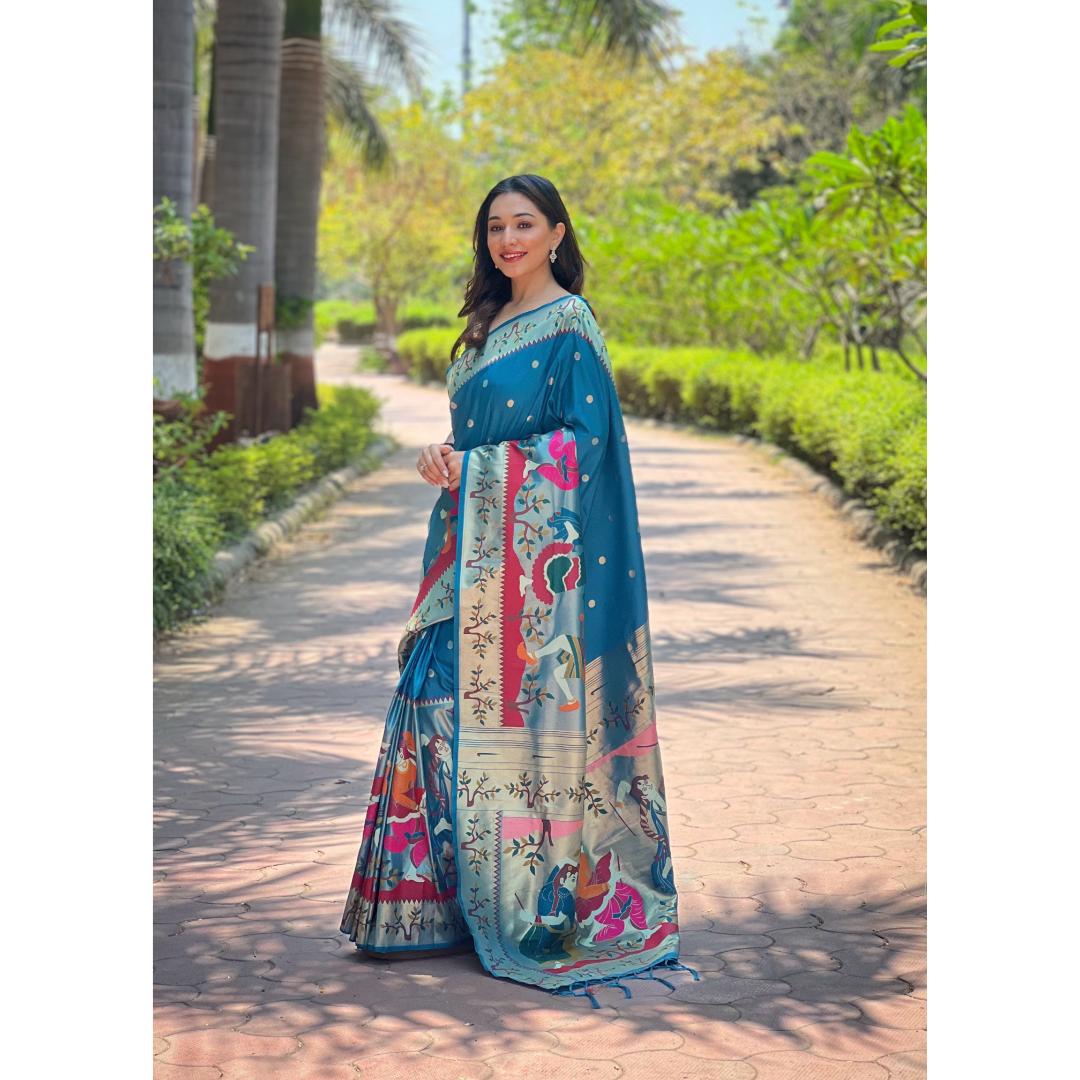 Blue Pure Kanchivram Paithani All Over Zari Weaving Silk Saree