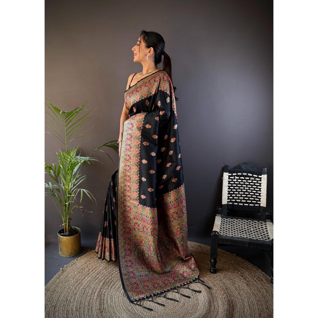 Onyx Black Pure Kashmiri Pattern Pallu Woven Silk Saree