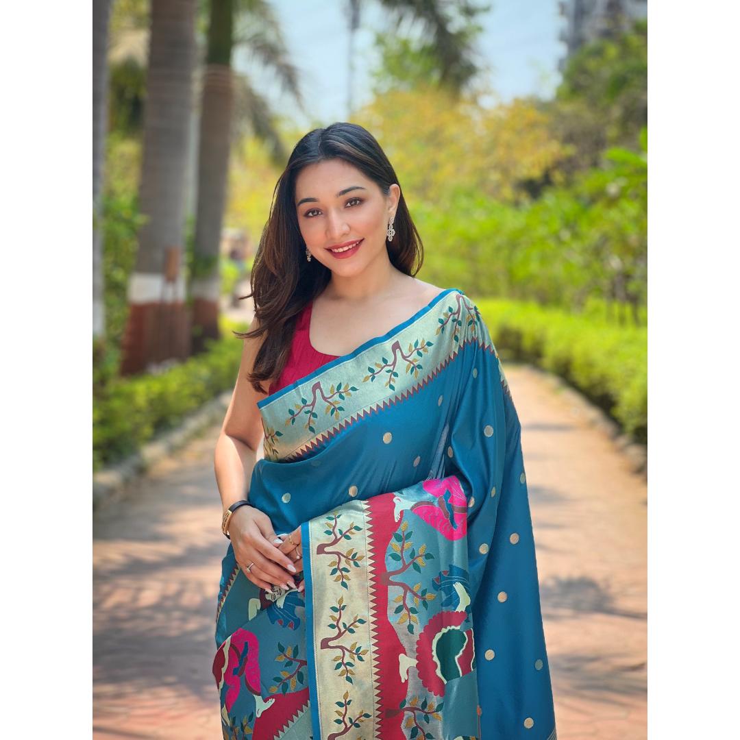 Blue Pure Kanchivram Paithani All Over Zari Weaving Silk Saree
