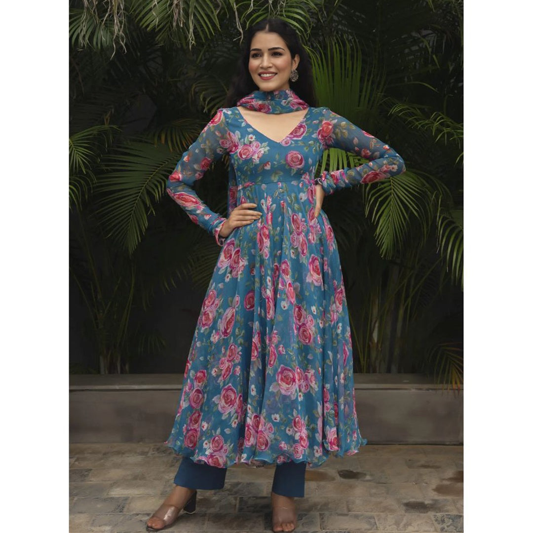 Violet Blue And Pink Floral Printed Georgette Kurtis
