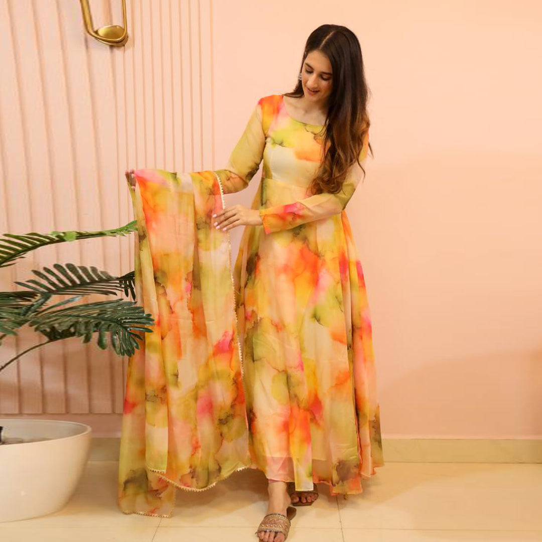New Orange Multi Color Printed Designer Organza Kurti With Dupatta