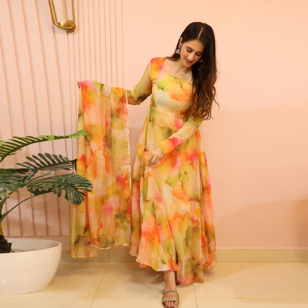 New Orange Multi Color Printed Designer Organza Kurti With Dupatta