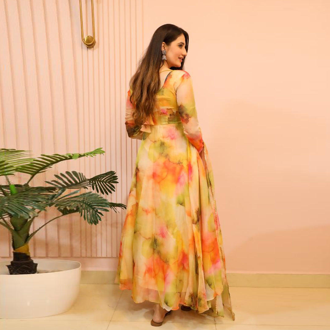 New Orange Multi Color Printed Designer Organza Kurti With Dupatta
