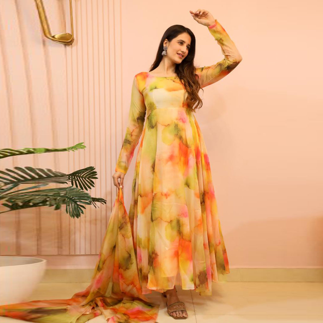New Orange Multi Color Printed Designer Organza Kurti With Dupatta