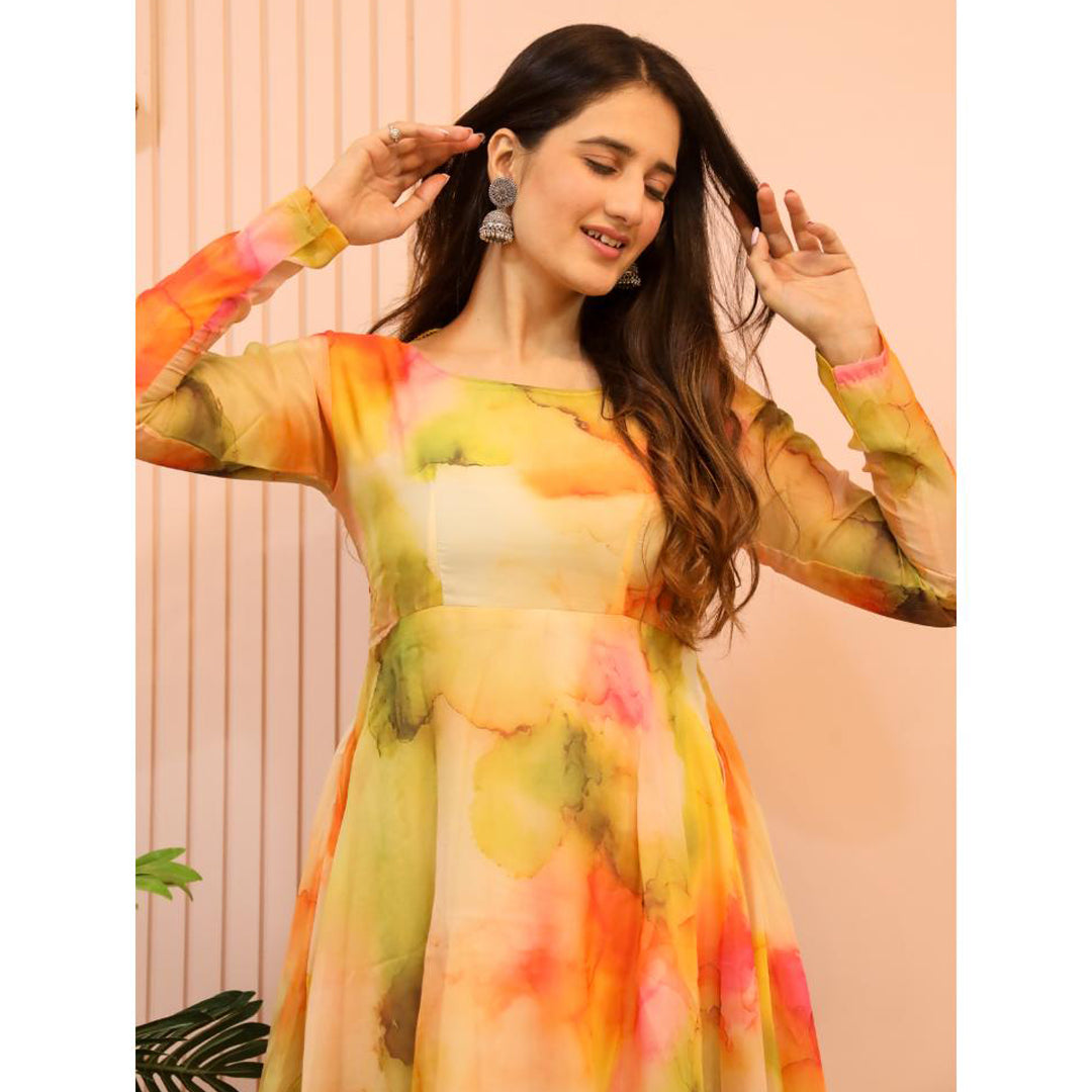 New Orange Multi Color Printed Designer Organza Kurti With Dupatta