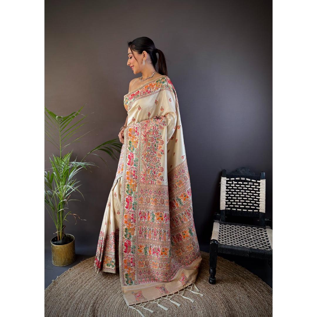 Cream Pure Kashmiri Elephant Pattern Pallu Woven Silk Saree