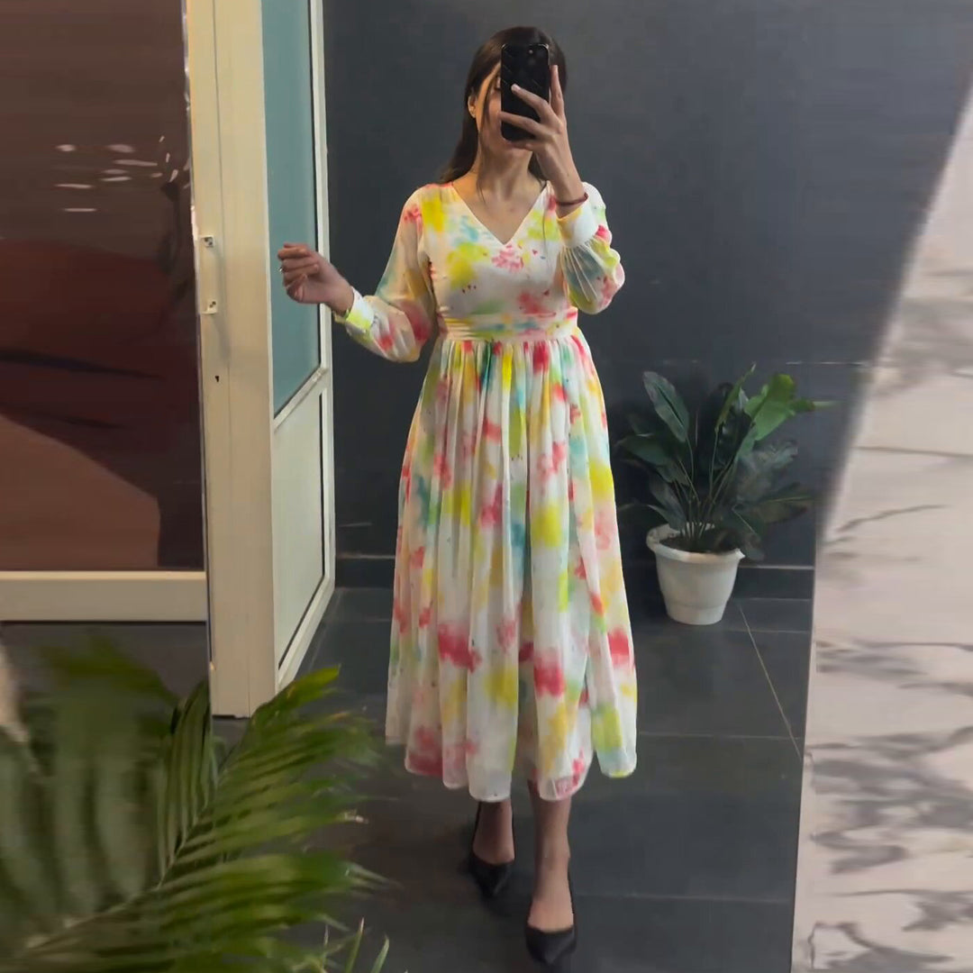 White Multi Color Printed Designer Midi Dress