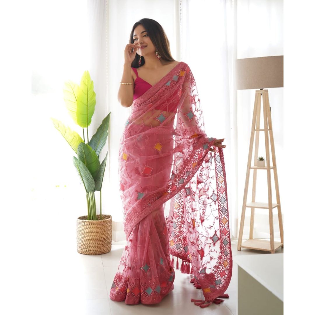Pink Fancy Thread Work Designer Saree