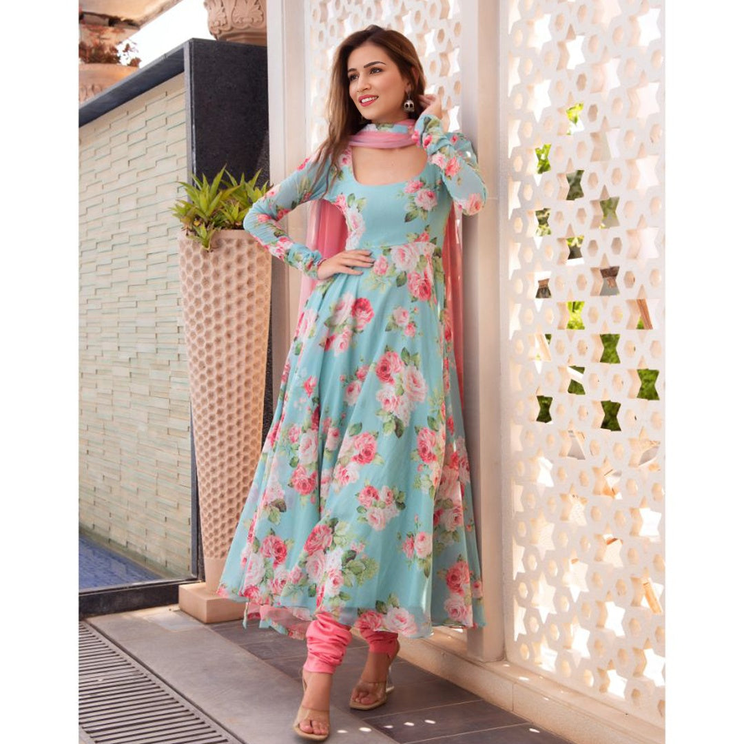 Iceberg Blue And Pink Floral Printed Georgette Kurtis