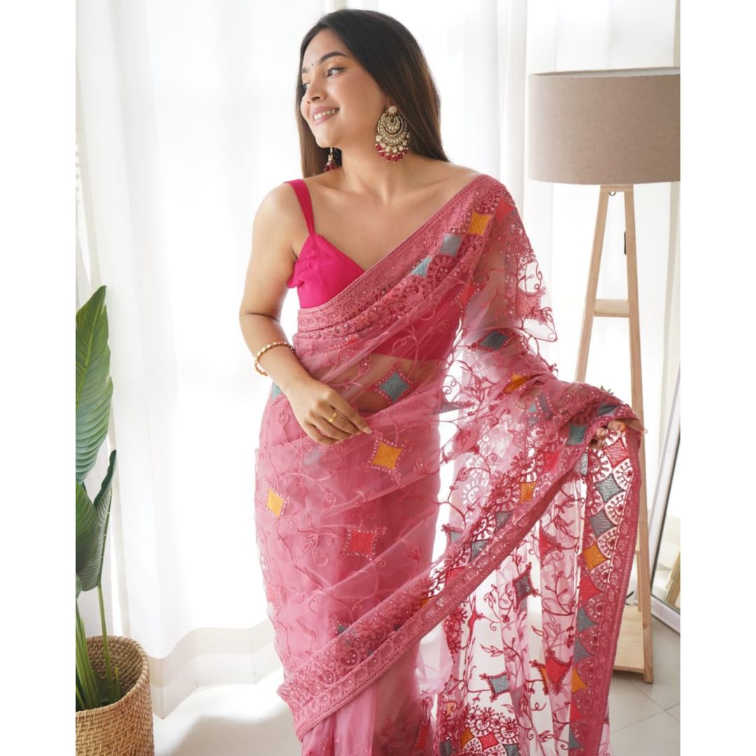 Pink Fancy Thread Work Designer Saree