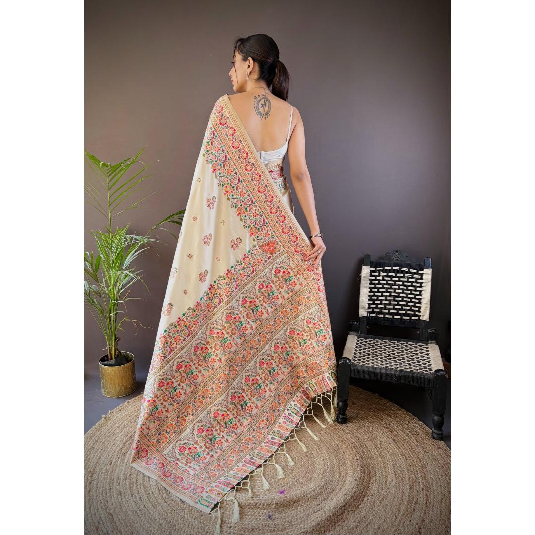 Stunning Cream Pure Kashmiri Floral Pattern Pallu Woven Silk Saree