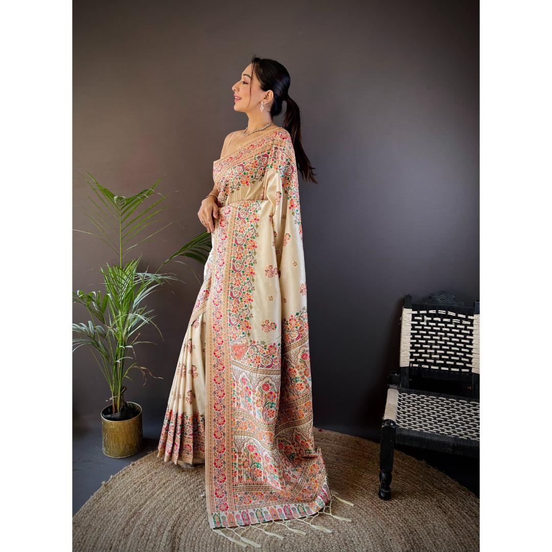 Stunning Cream Pure Kashmiri Floral Pattern Pallu Woven Silk Saree
