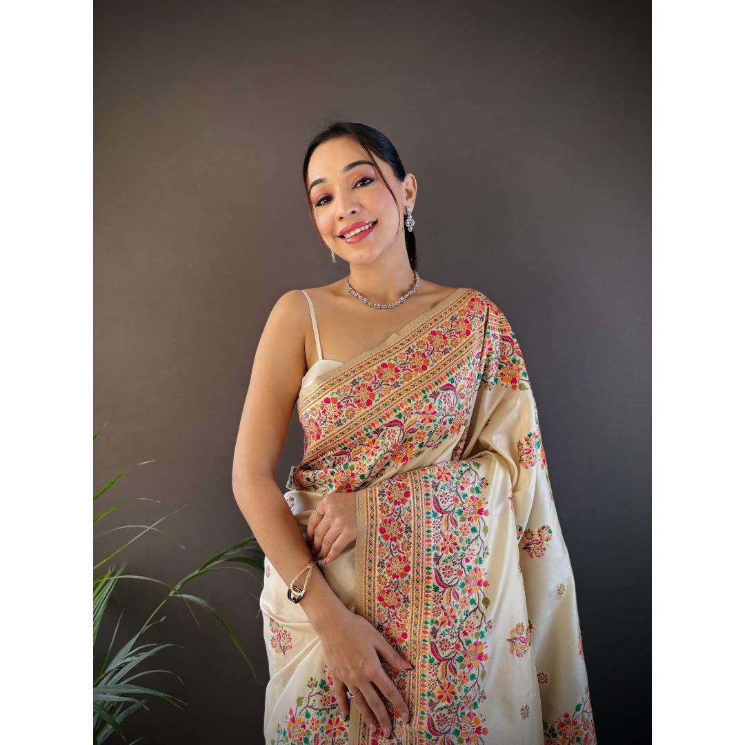 Stunning Cream Pure Kashmiri Floral Pattern Pallu Woven Silk Saree