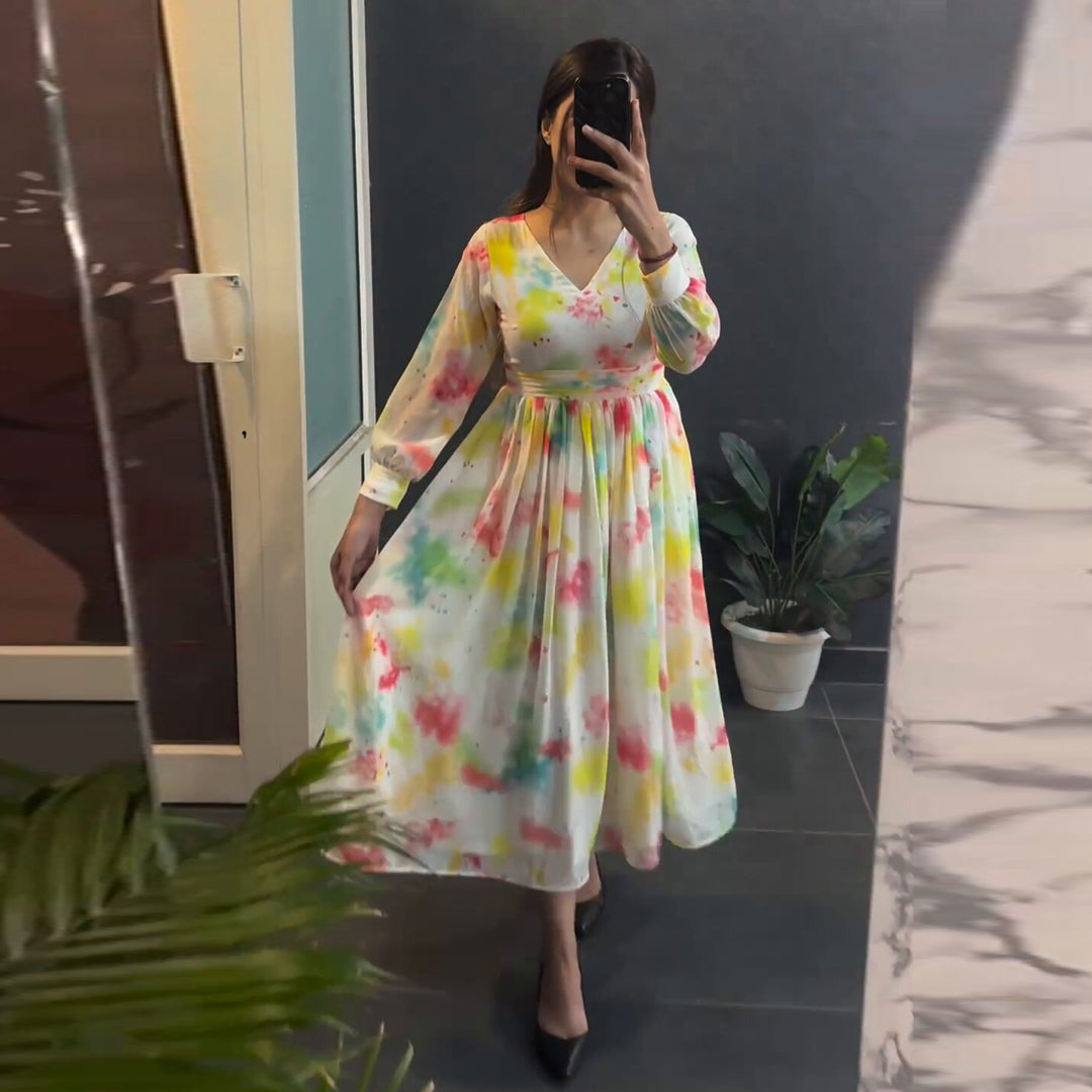White Multi Color Printed Designer Midi Dress
