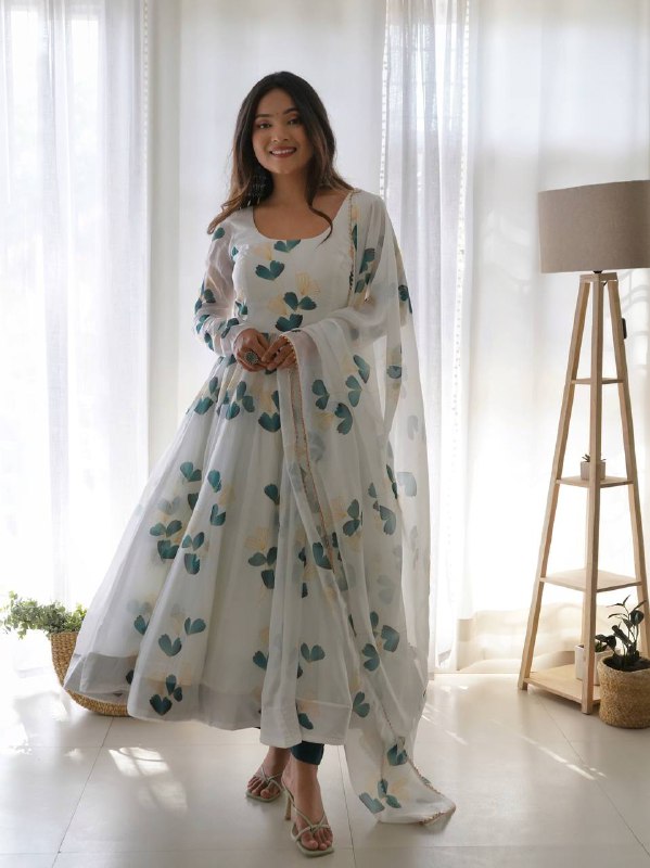 White And Green Printed Organza Designer Long Kurti With Dupatta