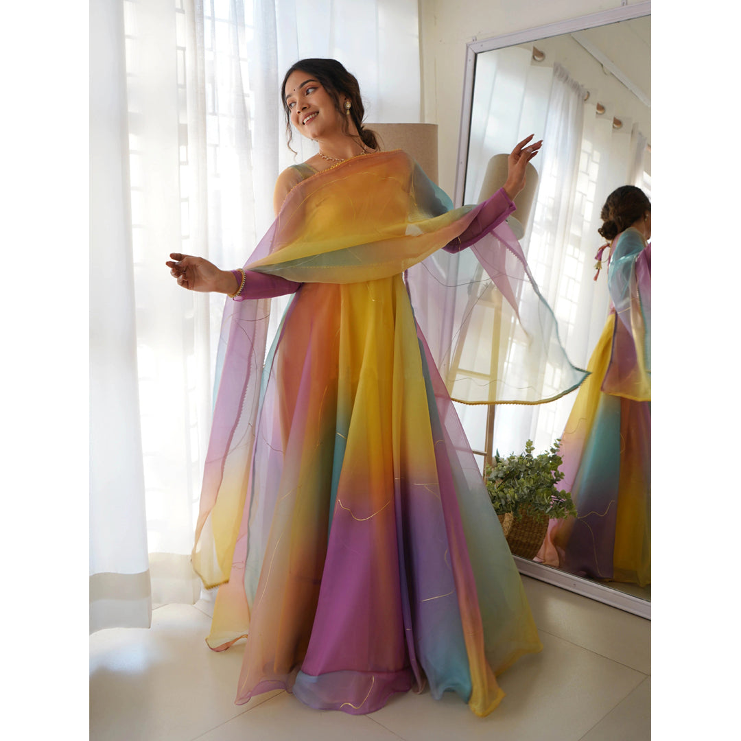 New Multi Color Printed Organza Designer Long Kurti With Dupatta