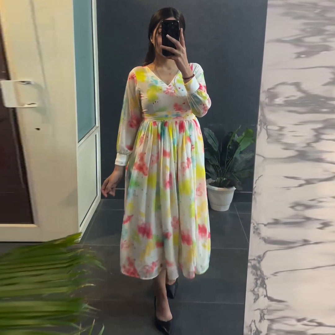 White Multi Color Printed Designer Midi Dress