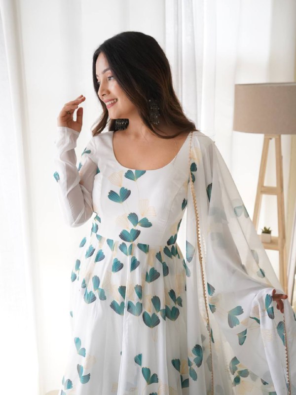 White And Green Printed Organza Designer Long Kurti With Dupatta