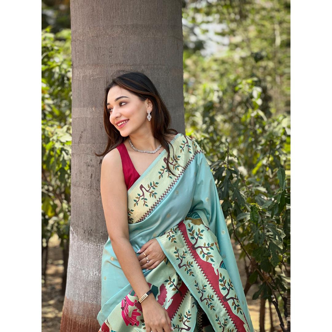 Sky Blue Pure Kanchivram Paithani All Over Zari Weaving Silk Saree