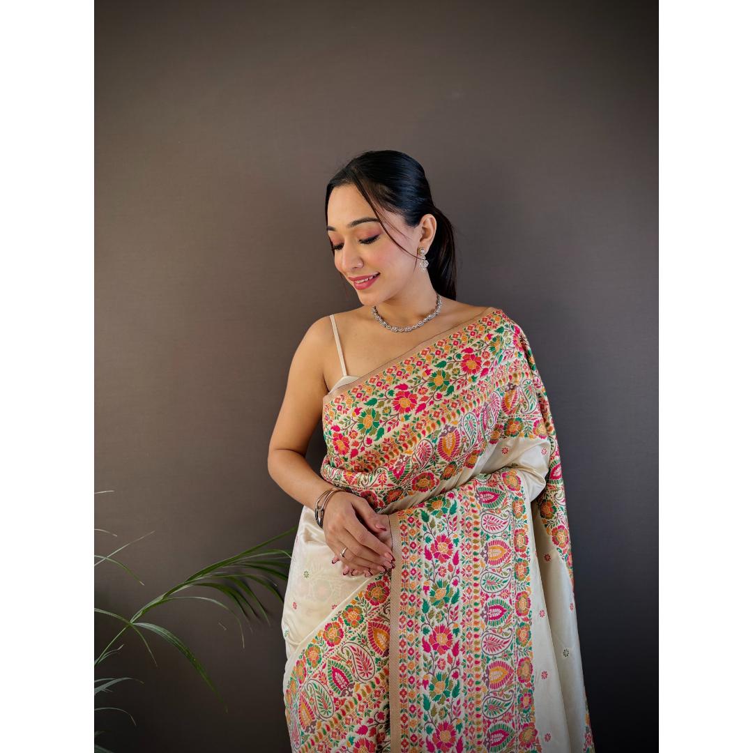 Stone Cream Pure Kashmiri Pattern Pallu Woven Silk Saree