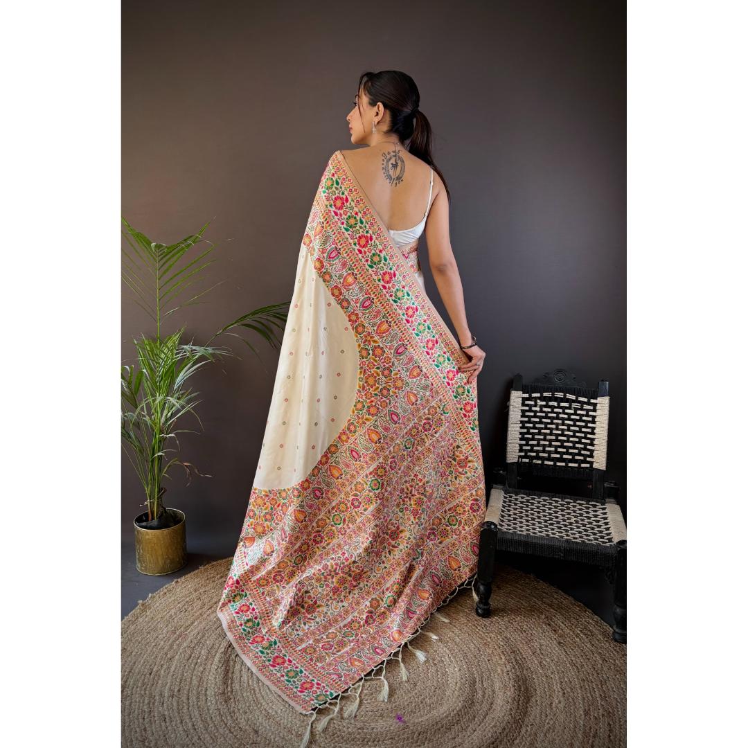 Stone Cream Pure Kashmiri Pattern Pallu Woven Silk Saree
