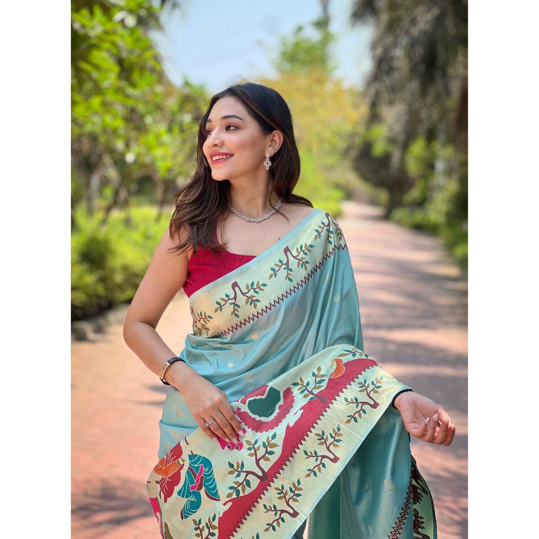 Sky Blue Pure Kanchivram Paithani All Over Zari Weaving Silk Saree