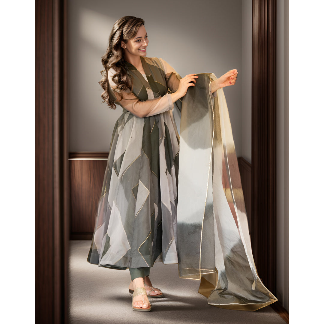 LATEST HEERAT GREY ORGANZA KURTI SET