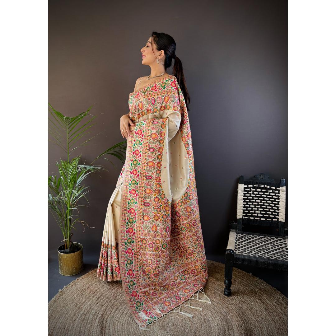 Stone Cream Pure Kashmiri Pattern Pallu Woven Silk Saree
