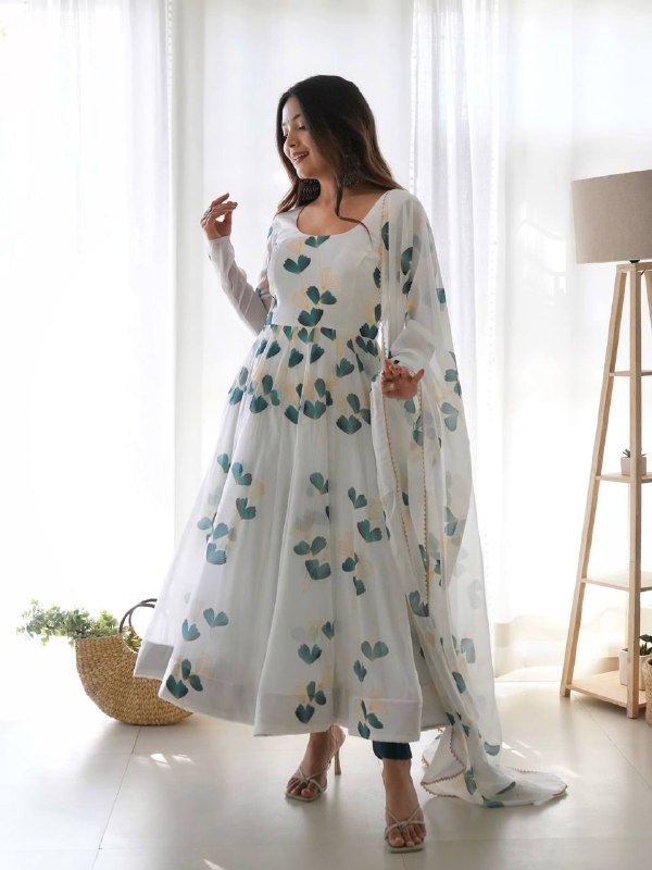 White And Green Printed Organza Designer Long Kurti With Dupatta