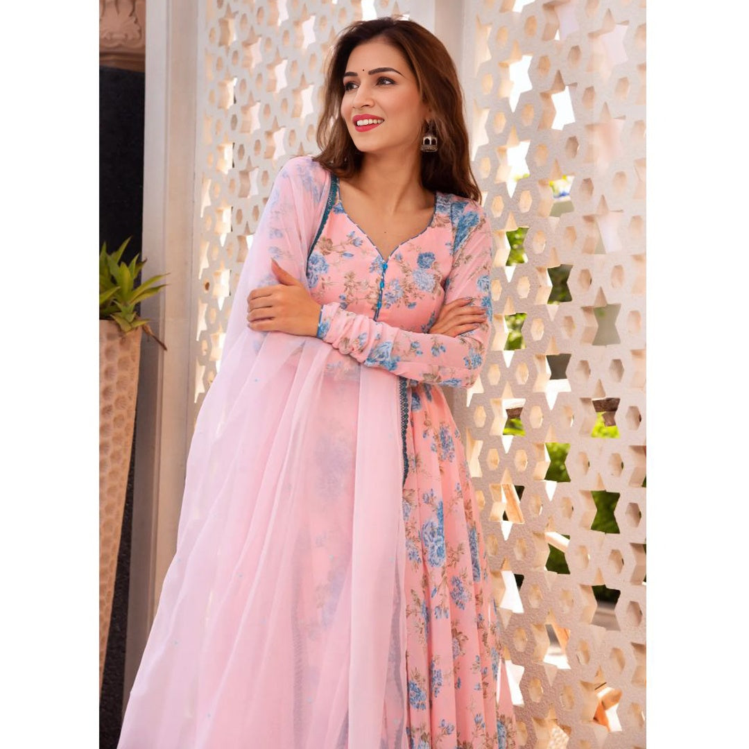 Salmon Pink And Blue All Over Printed Georgette Kurtis
