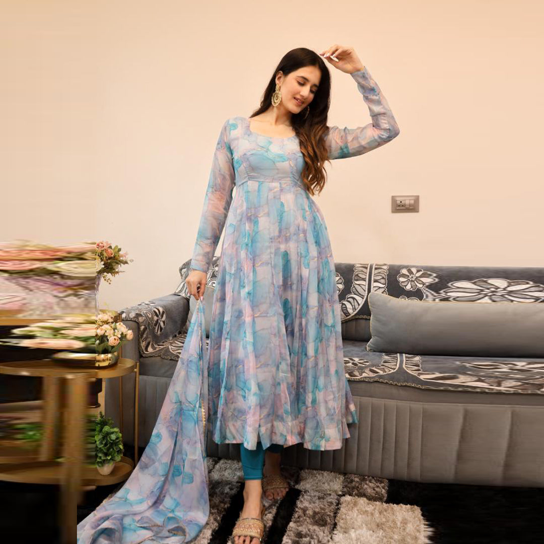 Teal Blue Printed Kali Cut Designer Organza Kurtis