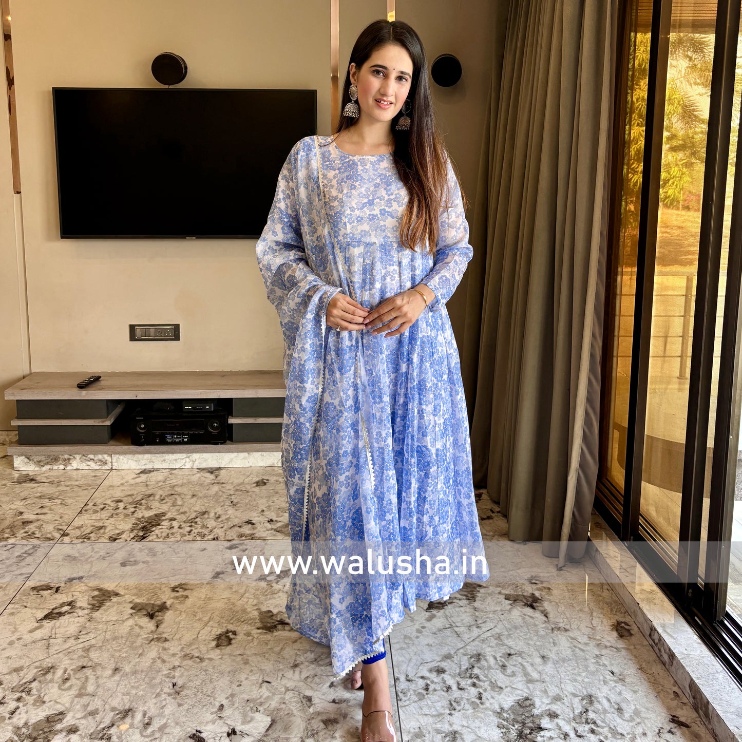 Middle Blue Floral Printed Designer Organza Anarkali Kurti Set