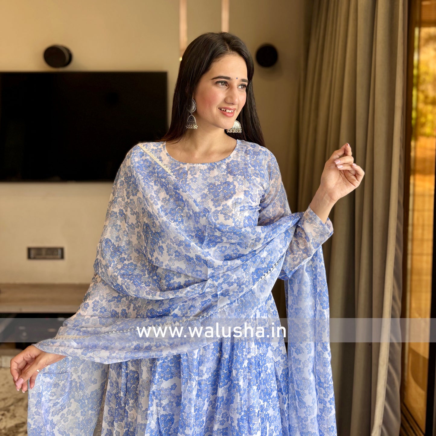 Middle Blue Floral Printed Designer Organza Anarkali Kurti Set